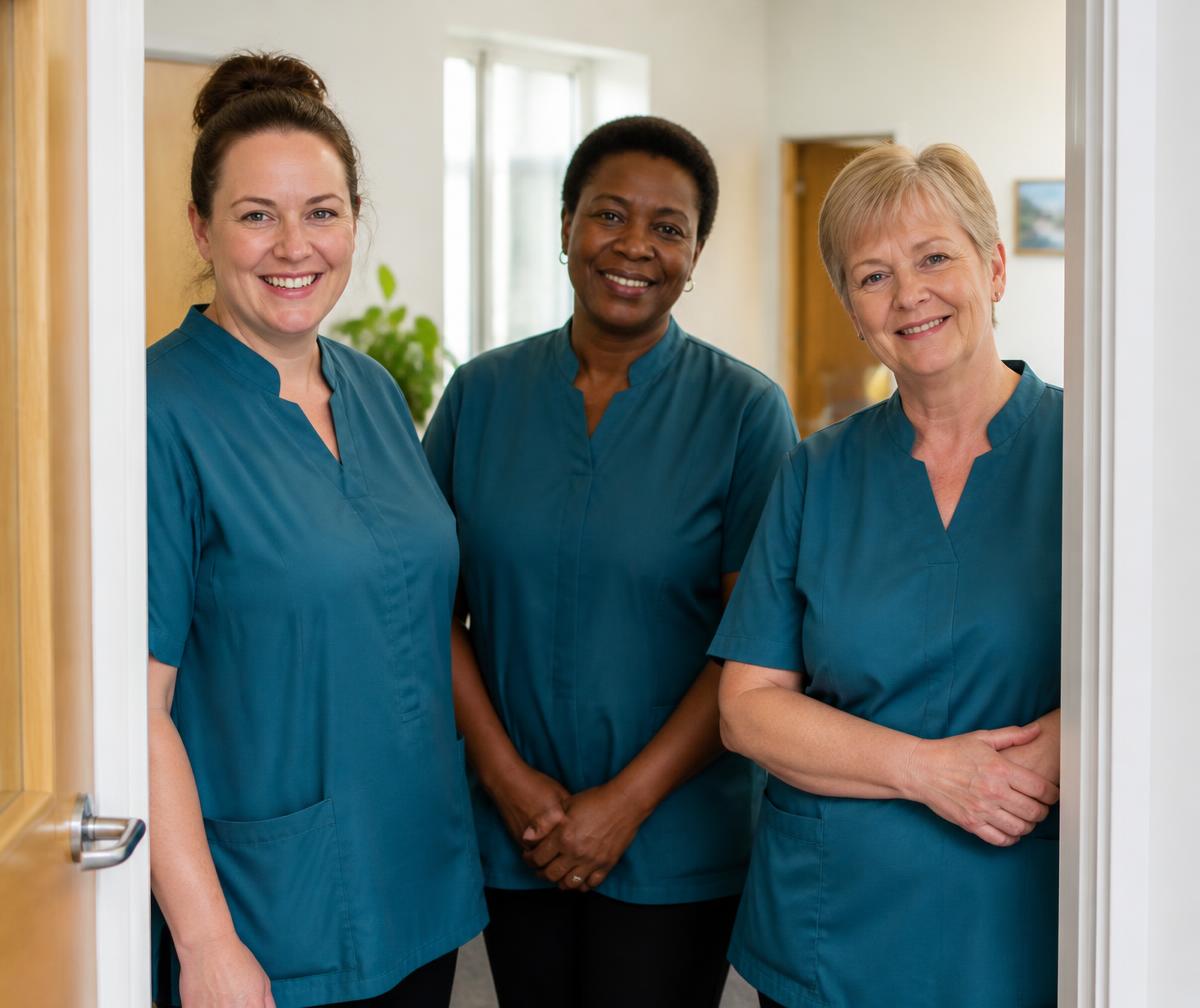 Three True Nest Care carers welcoming visitors at the office door