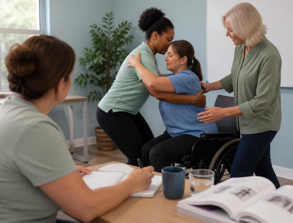 Carers practising safe moving and handling during a training session