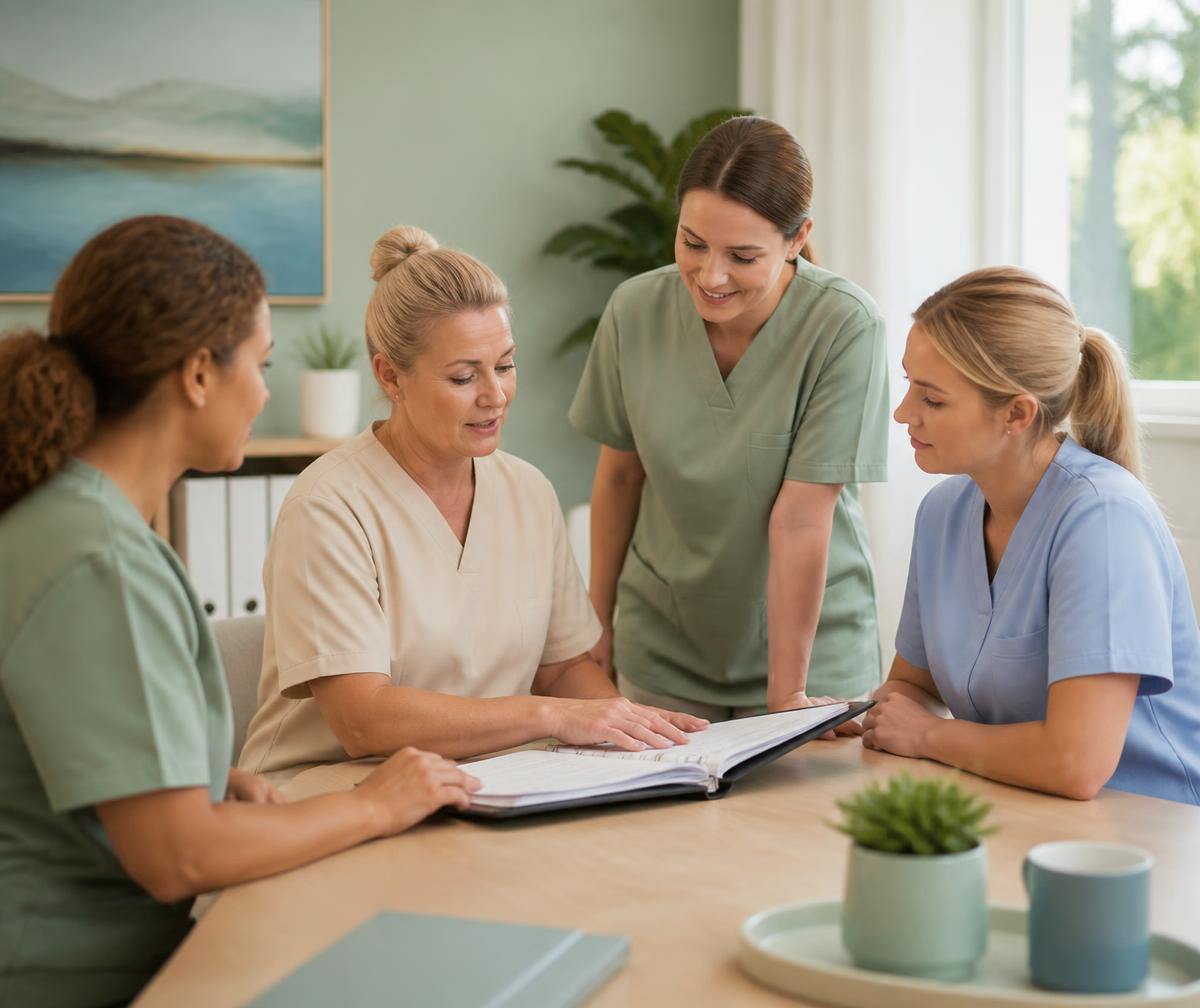 True Nest Care staff reviewing a care plan together in the office